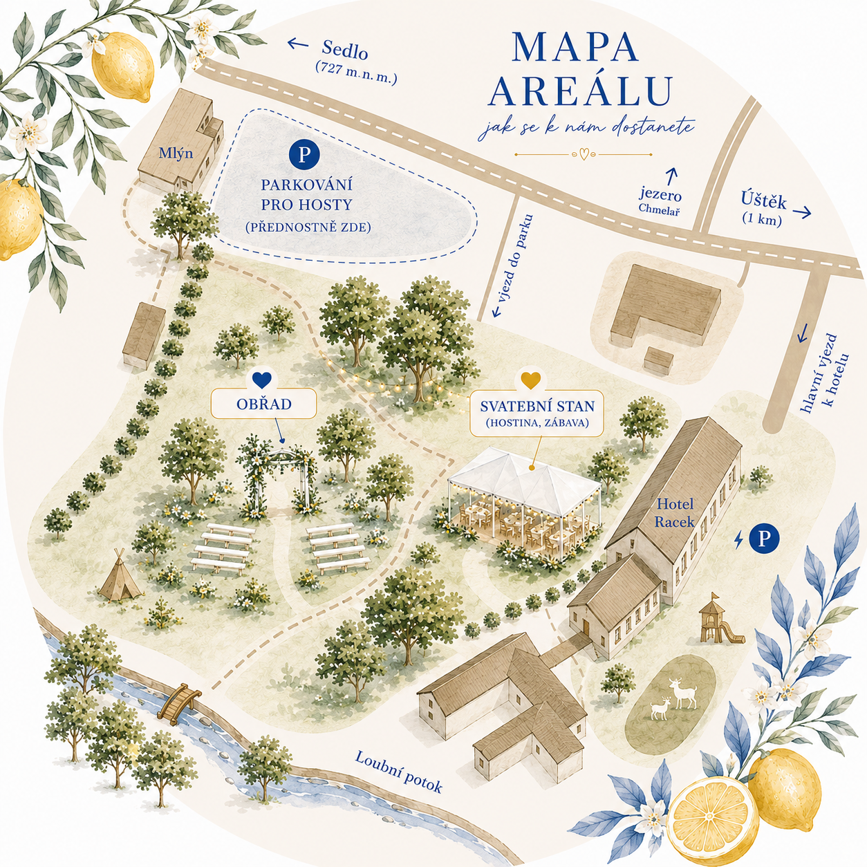 Mapa areálu Hotel Racek, Ústěk — vyznačení parkoviště, místa obřadu a svatebního stanu